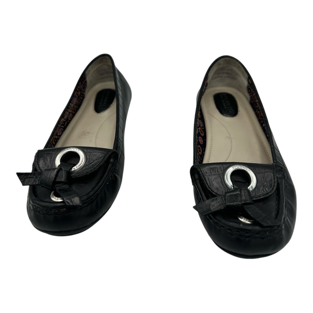Sperry Top Sider Women Black Leather Moc Toe‎ Loafer Bow Silver Accent Size 6M